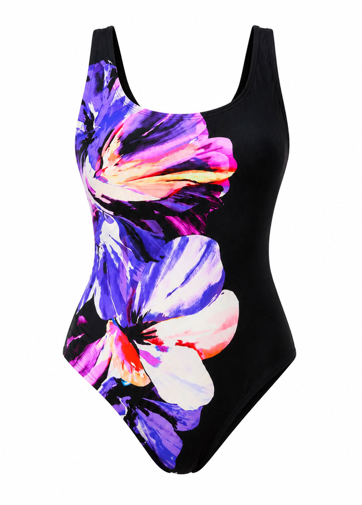 Purple Floral Scoop Neck One Piece Swimsuit