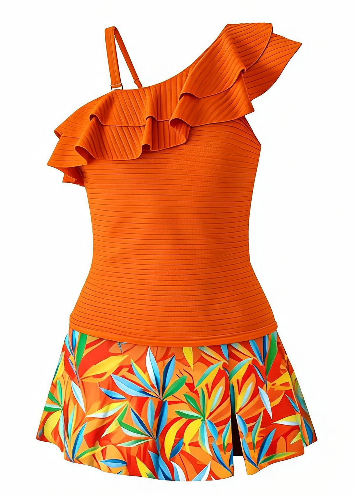 Orange Ruffle One‑Shoulder Skirted Tankini Set
