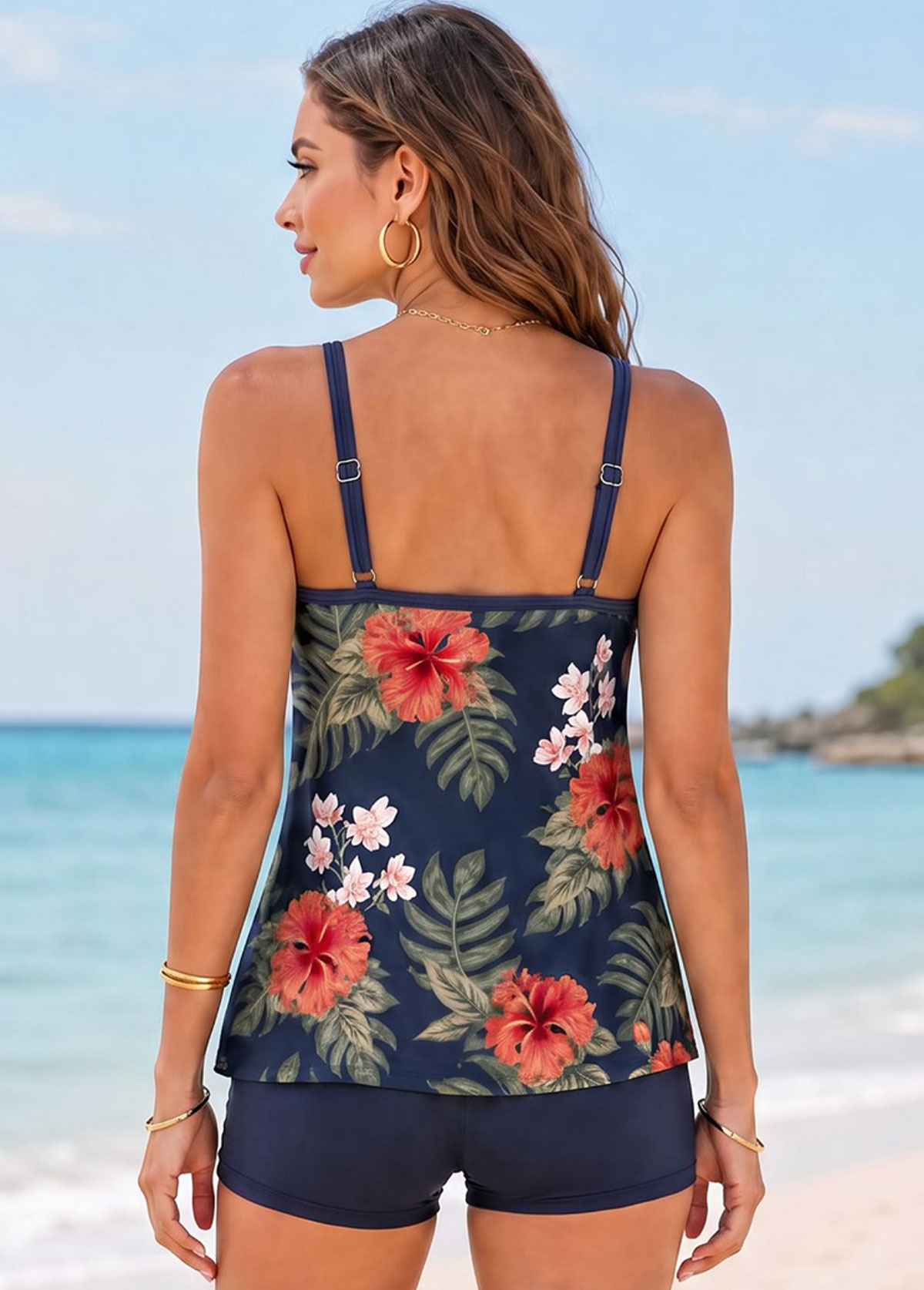 Tropical Floral Adjustable Spaghetti Strap Tankini Short Set