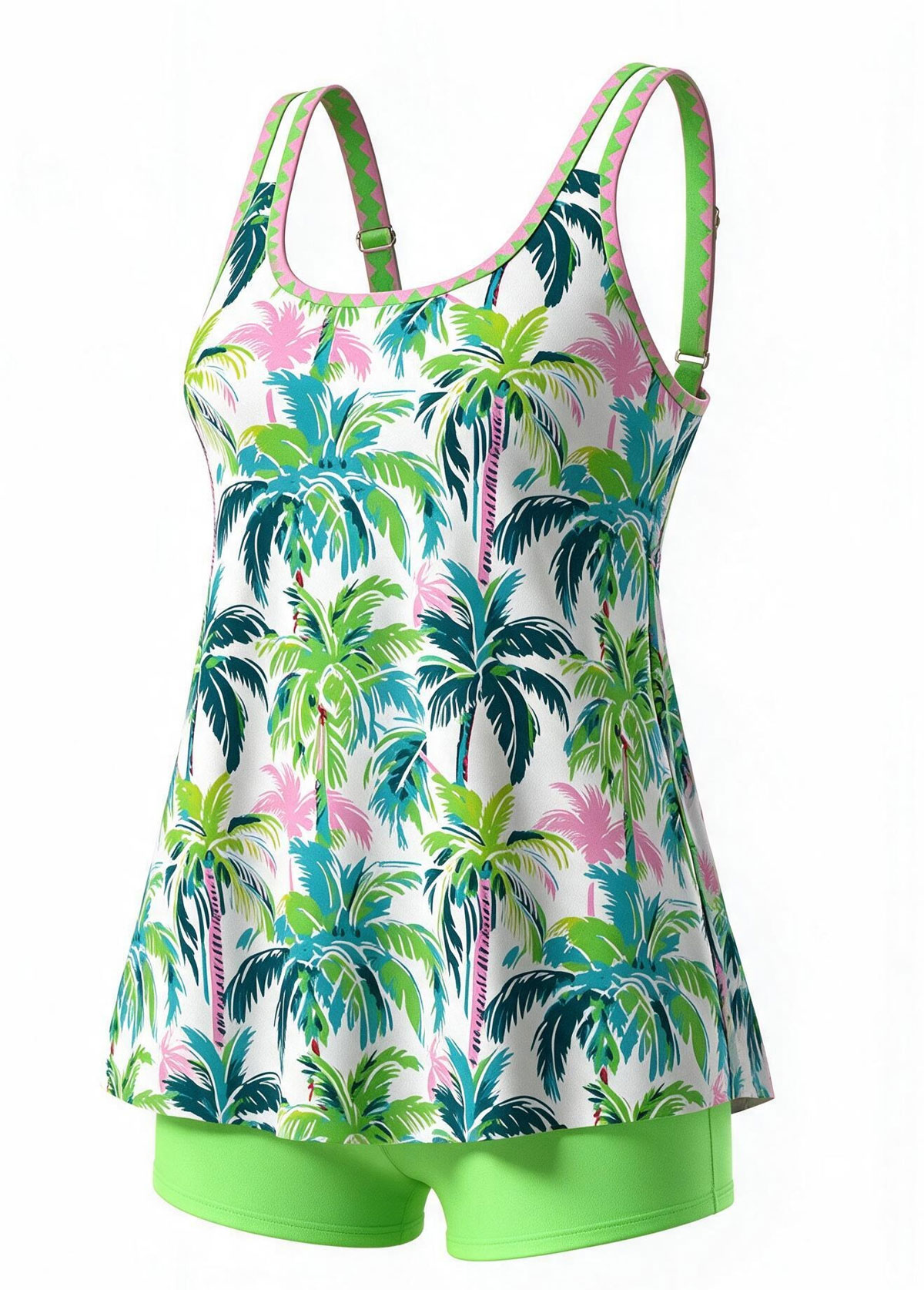 Palm Tree Plant Print Double Strap Scoop Neck Tankini Set 