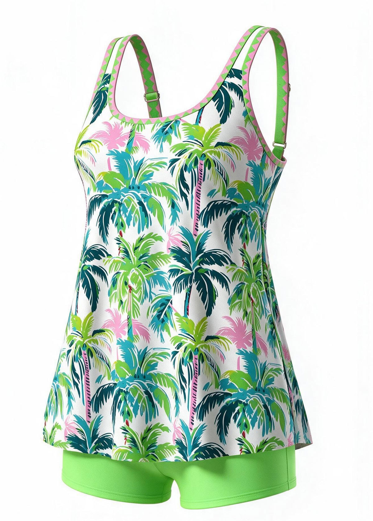 Palm Tree Plant Print Double Strap Scoop Neck Tankini Set 
