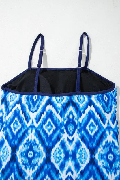 Abstract Print Frilled Trim Spaghetti Straps Tankini Set