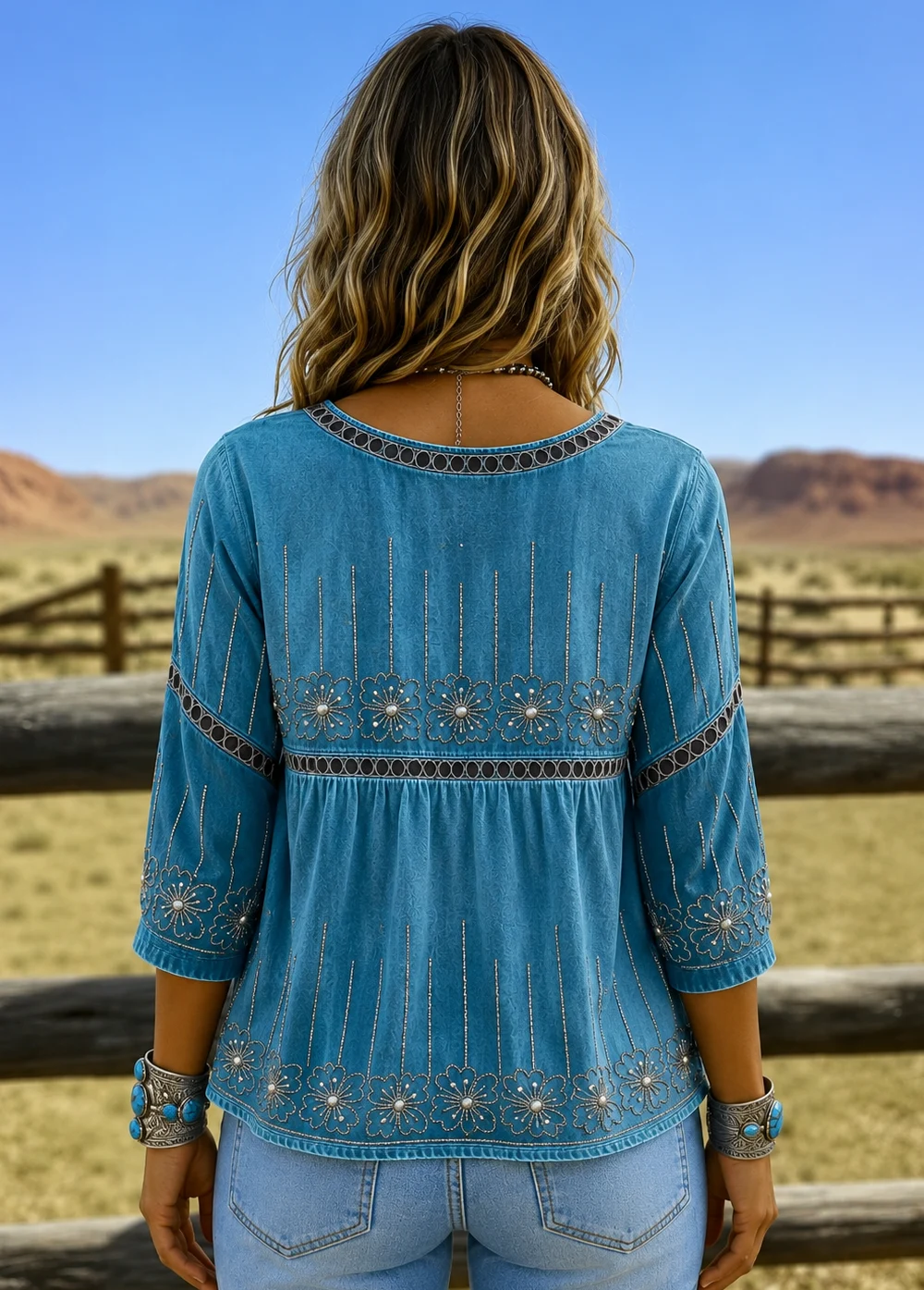 Women’s Blue Floral Embroidered Boho Tunic Top with 3/4 Sleeves Top