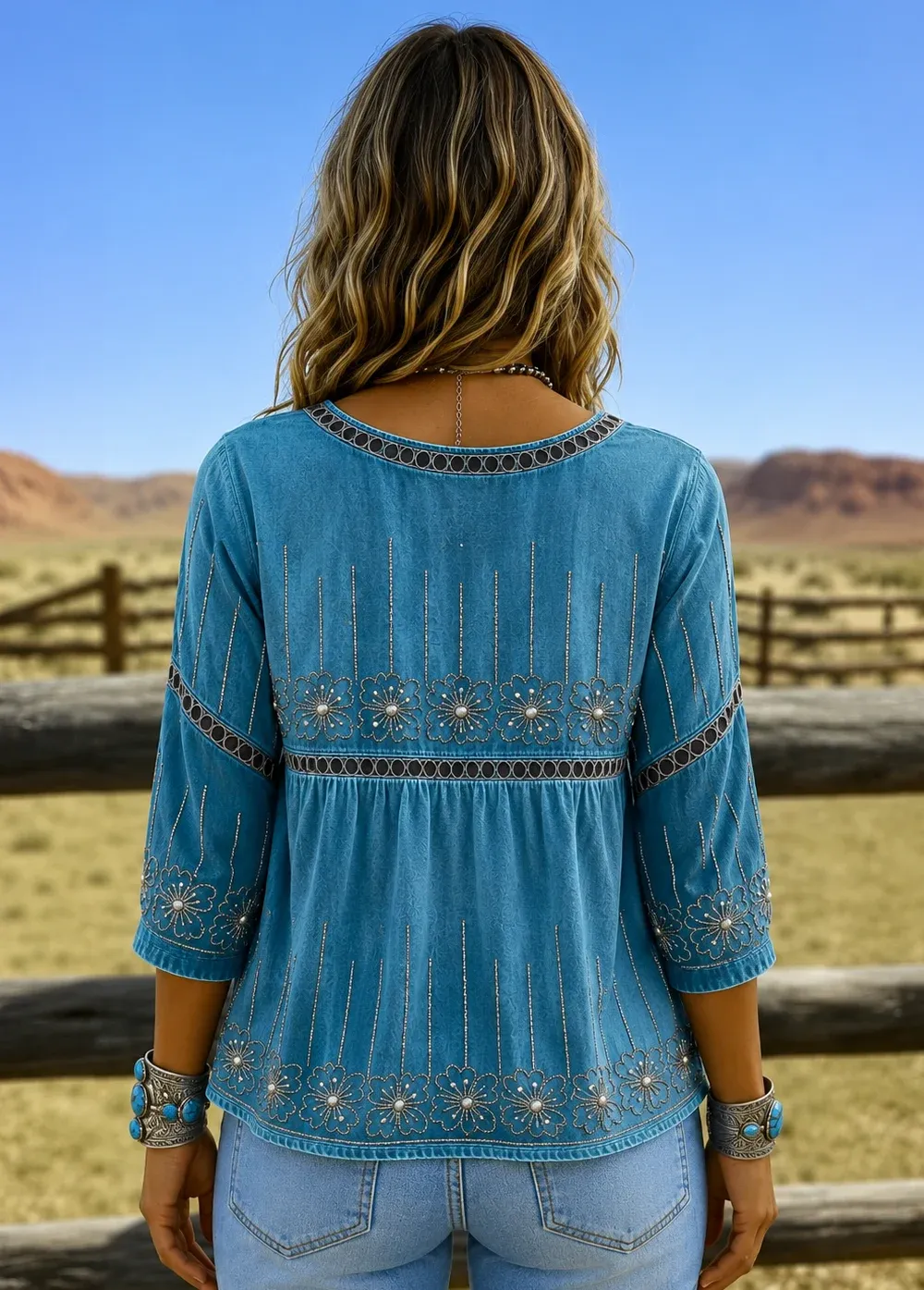 Women’s Blue Floral Embroidered Boho Tunic Top with 3/4 Sleeves Top
