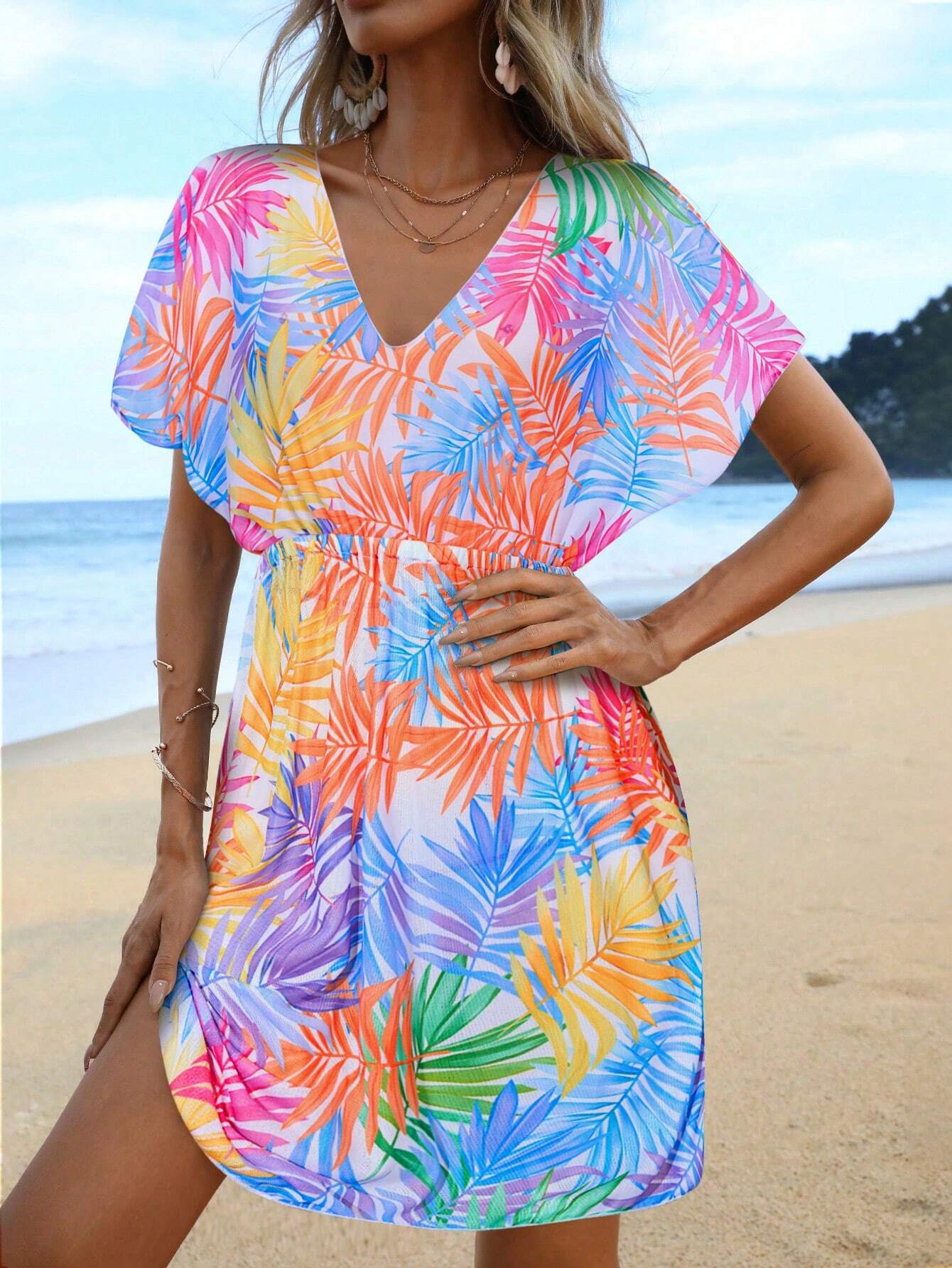  Random Printed Casual Short Sleeve Cover Up 