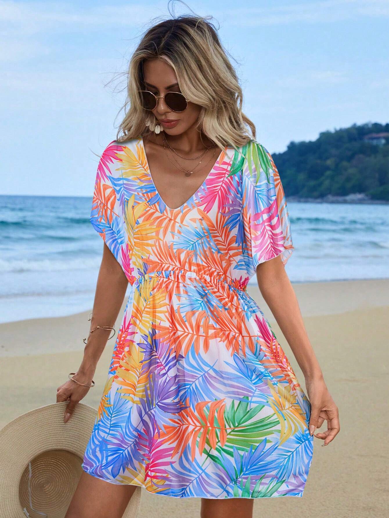  Random Printed Casual Short Sleeve Cover Up 