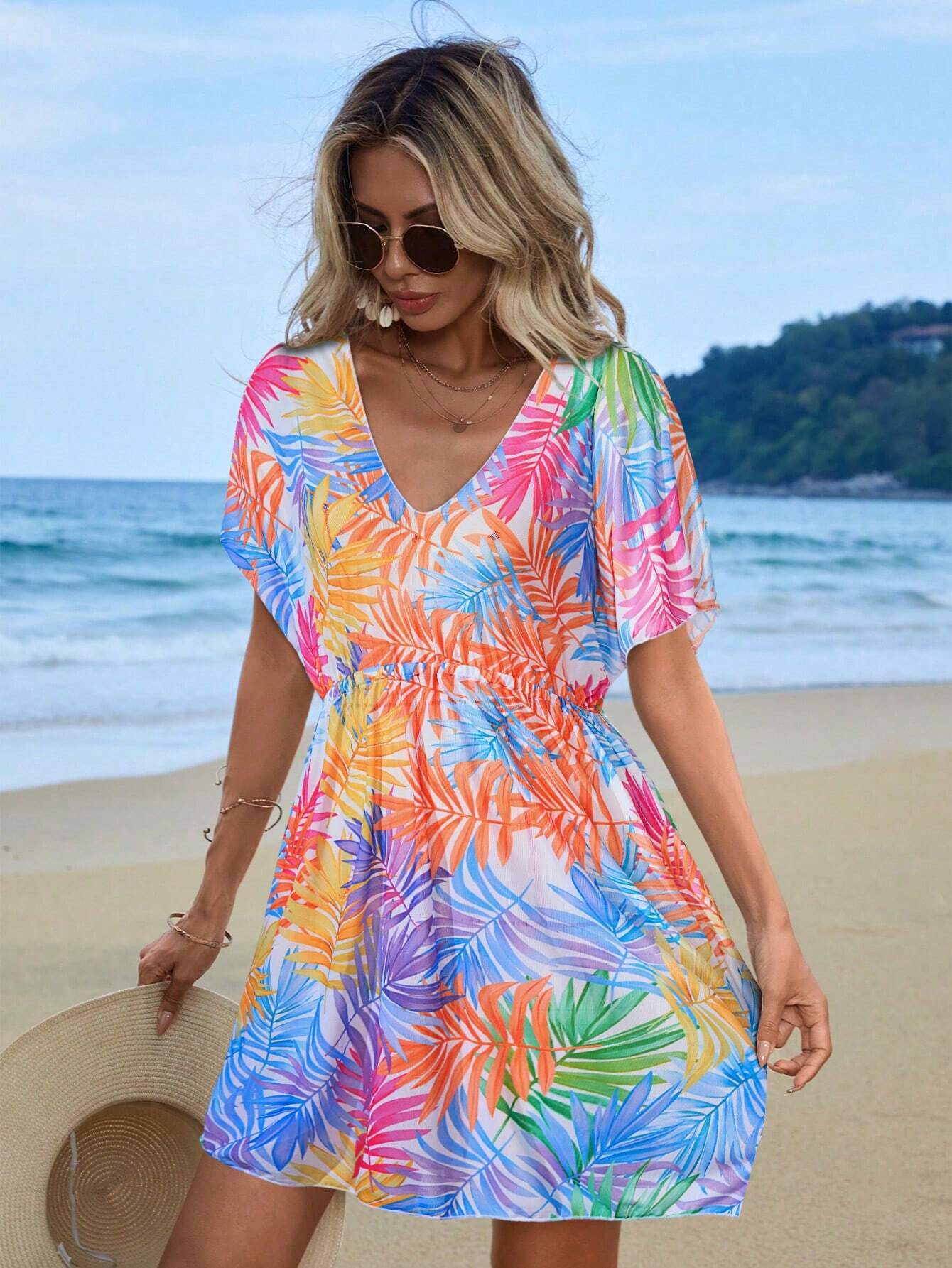  Random Printed Casual Short Sleeve Cover Up 