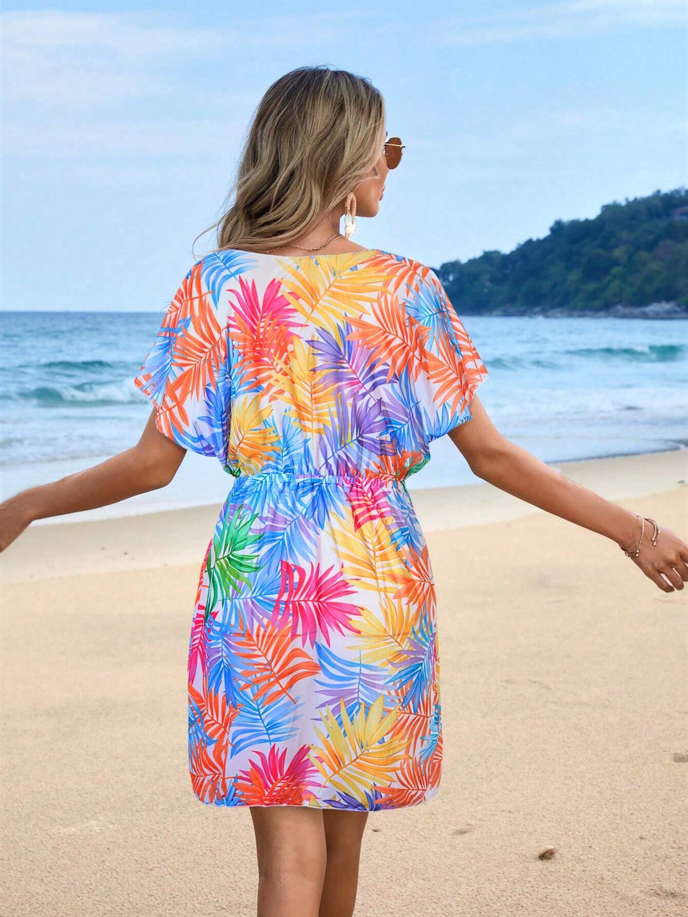 Random Printed Casual Short Sleeve Cover Up 