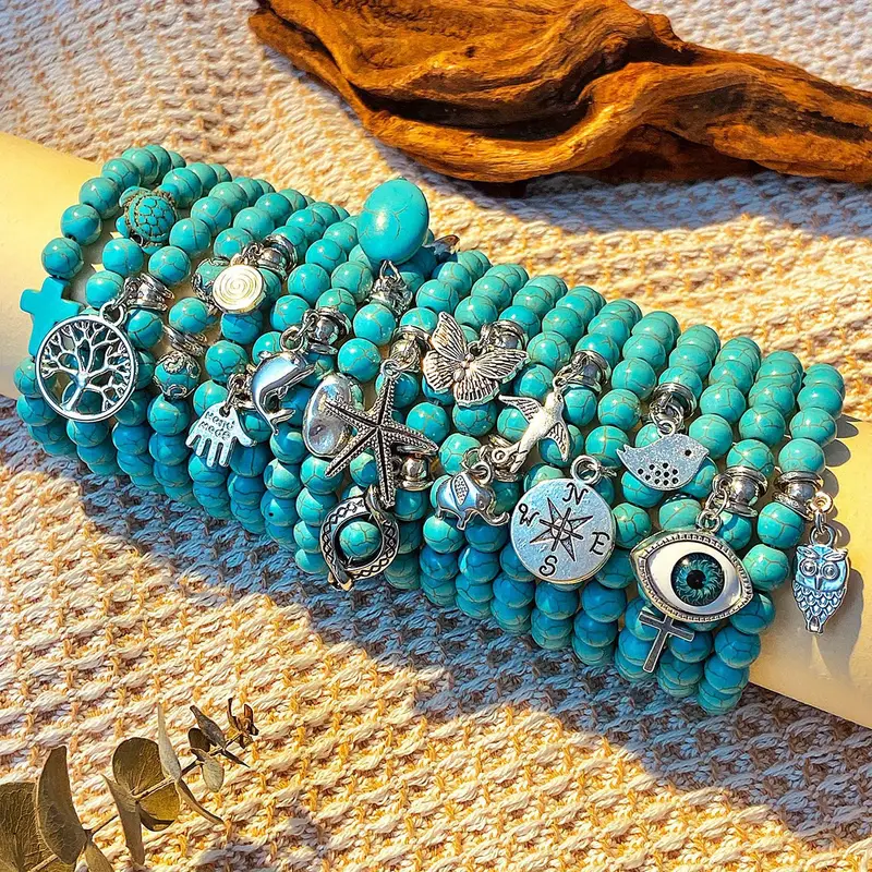 18pcs Bohemian Natural Turquoise Beaded Bracelet Sets 