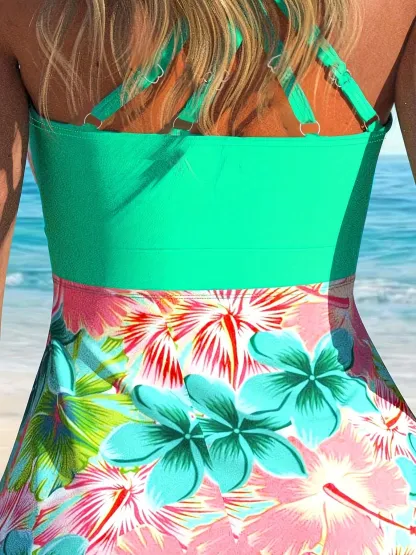  Tropical Print Halter Neck  Tummy Coverage  Swimdress