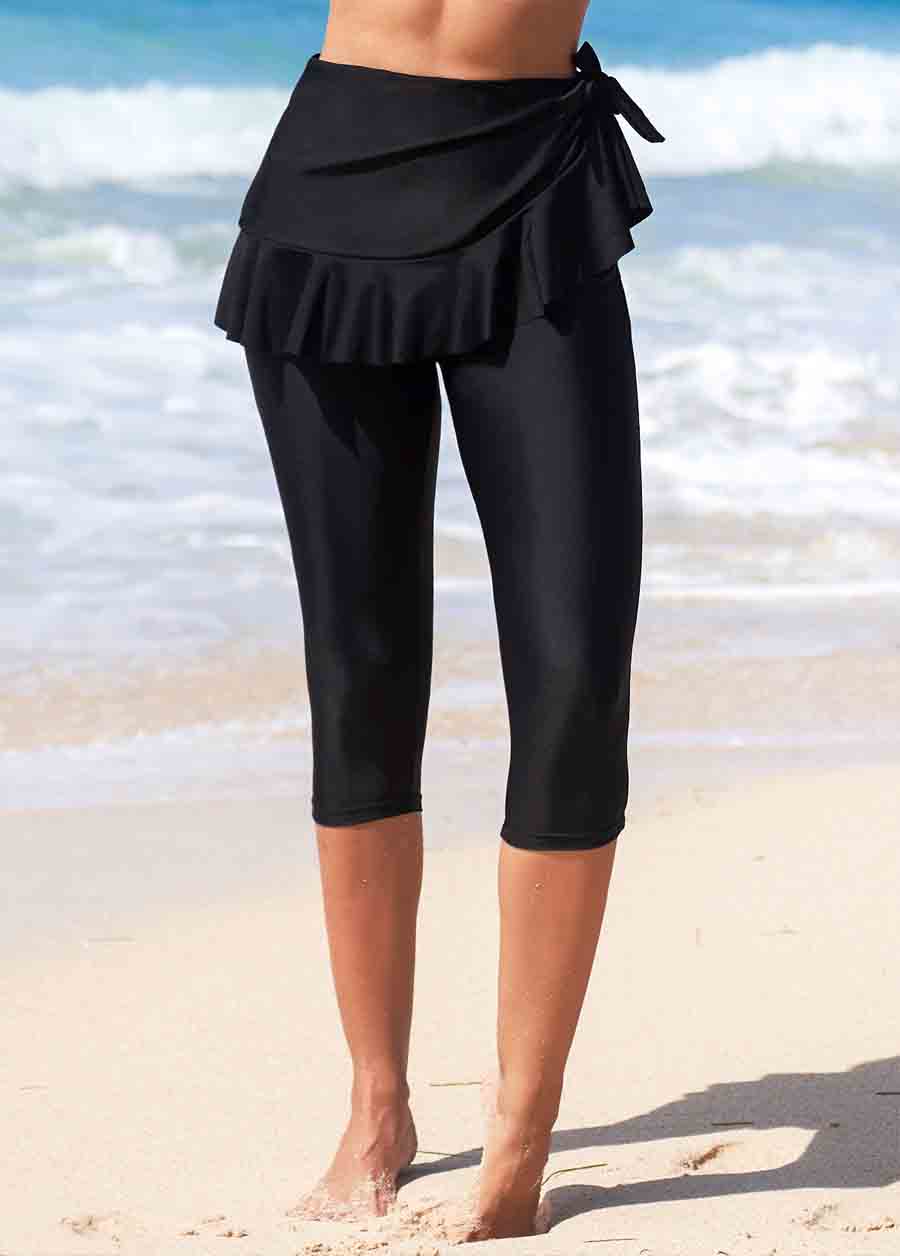 Black Ruffle Wrap Tie Side Capri Swim Leggings
