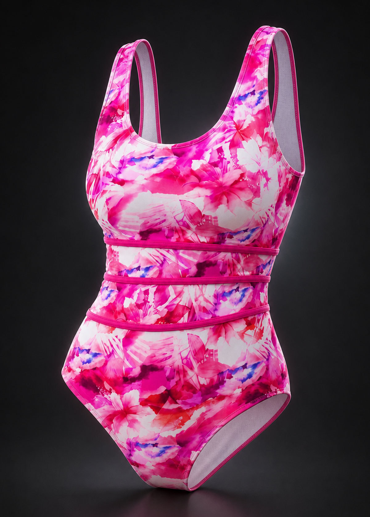 Pink Floral Waist Stripe Scoop Neck One Piece Swimsuit