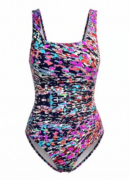 Multicolor Abstract Wide Fixed Strap Scoop Wrap One Piece Swimsuit