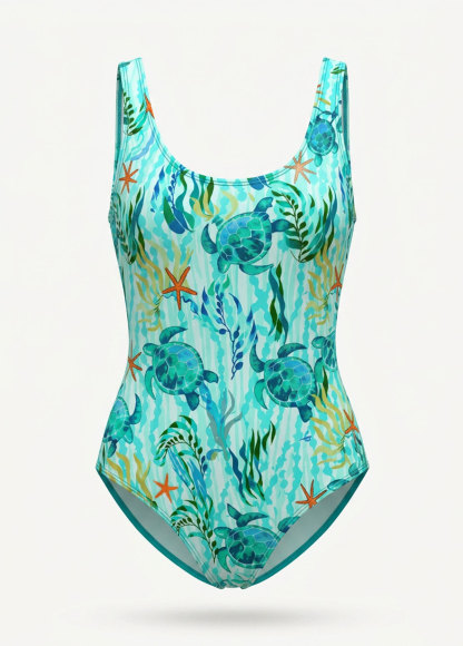 Cyan Marine Life Wrap Tummy Coverage Swimsuit