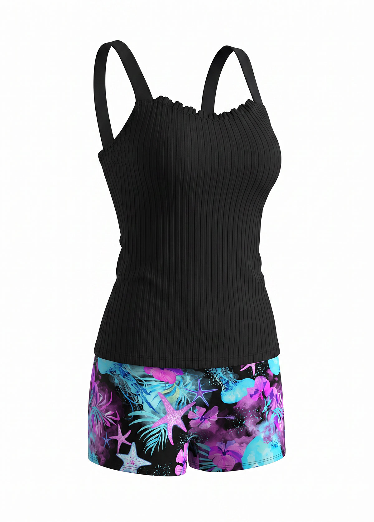Black Square Neck Floral Skirted Tankini Set