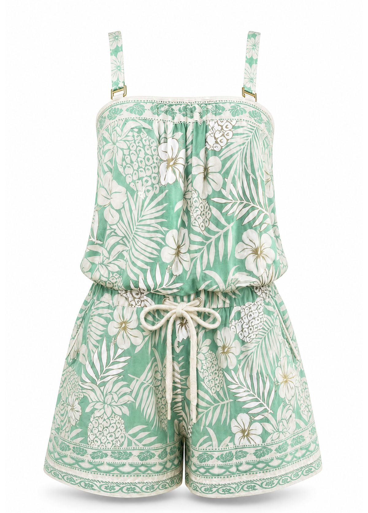 Mint Green Tropical Floral Convertible Strapless Swim Romper