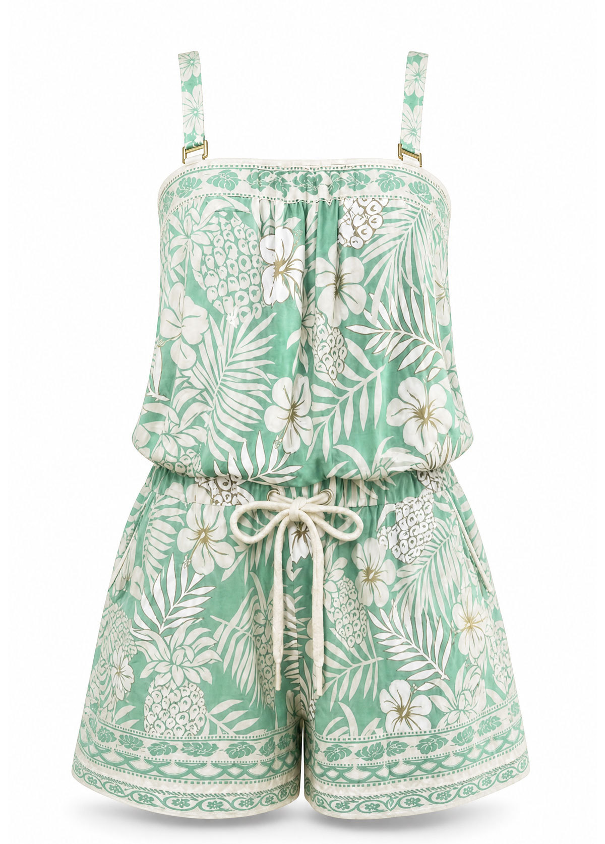 Mint Green Tropical Floral Convertible Strapless Swim Romper