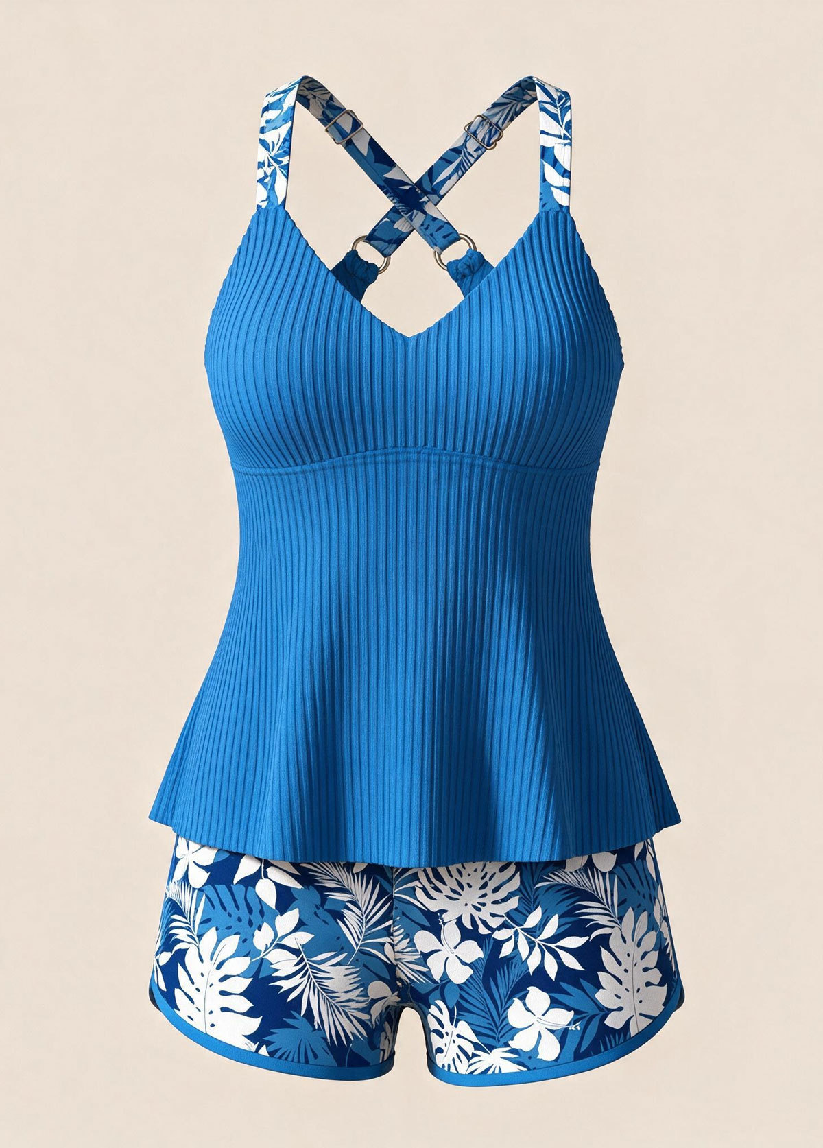 Blue Ribbed Surplice V Neck Floral Print Mid Waist Tankini Set