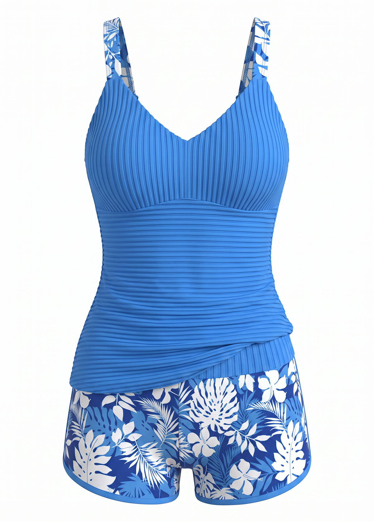 Blue Ribbed Surplice V Neck Floral Print Mid Waist Tankini Set
