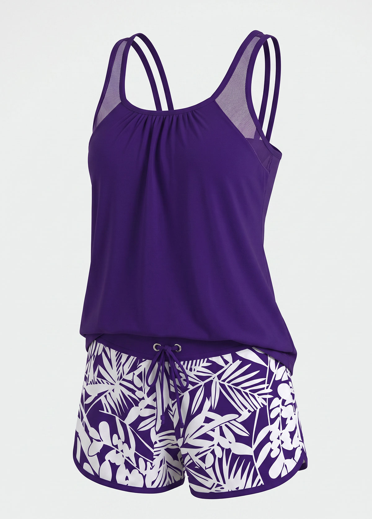 Purple Scoop Neck Plant Print Tankini Set