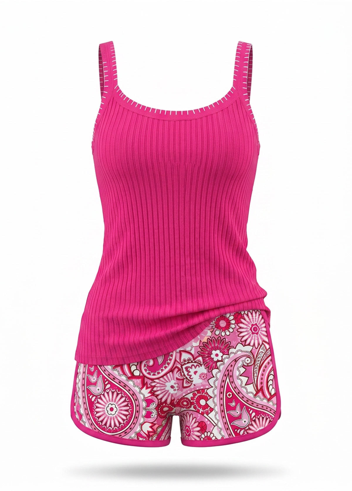 Hot Pink Ribbed Scoop Floral Print Two Piece Tankini Set