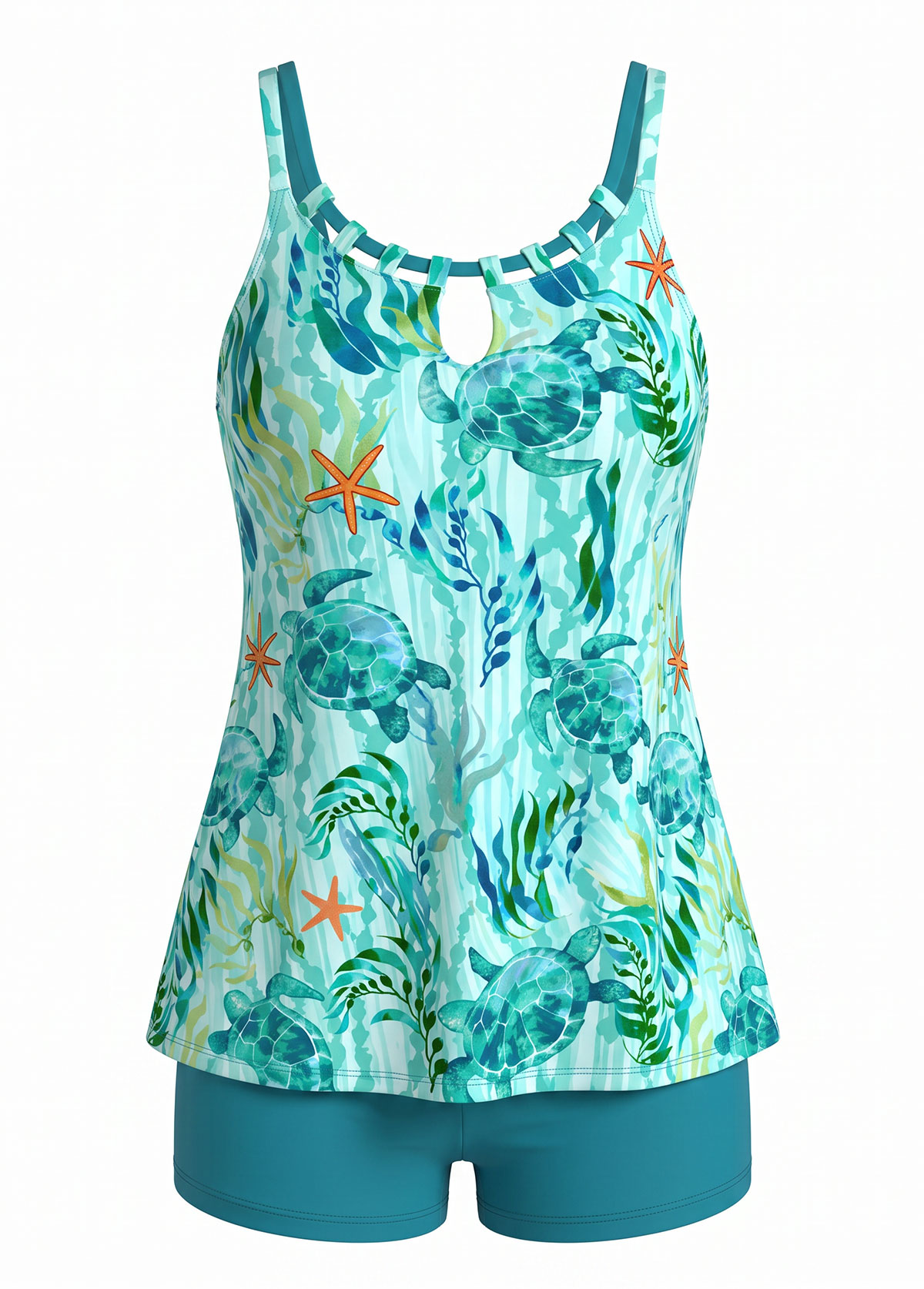 Cyan Turtle Animal Print Double Strap Scoop Neck Tankini Set 