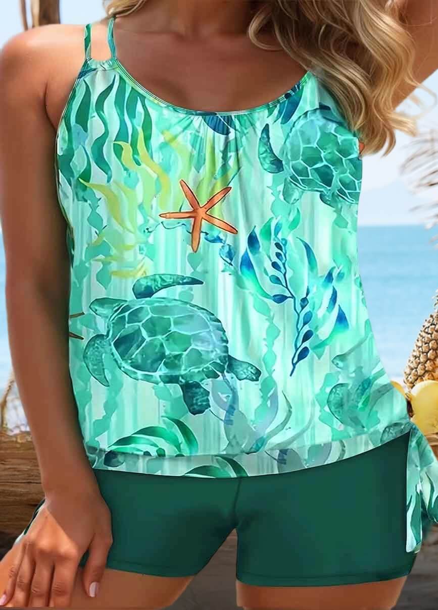 Marine Print Padded Cyan Tankini Set
