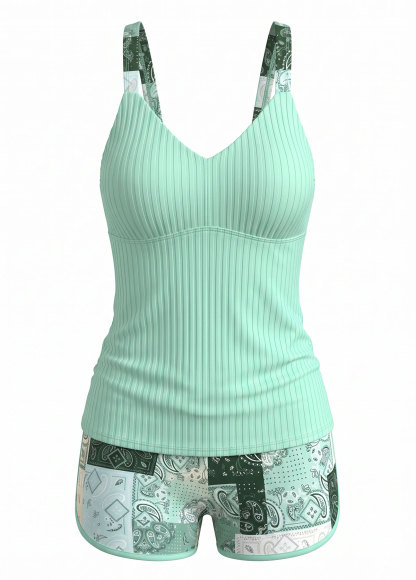 Green Ribbed Surplice V Neck Floral Print Mid Waist Tankini Set