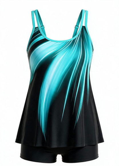 Teal Gradient Double Fixed Strap Round Blouson Tankini Set