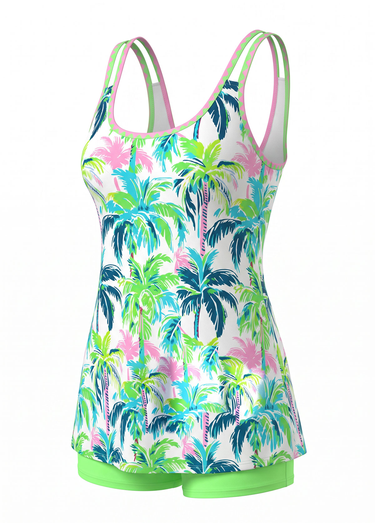 Palm Tree Plant Print Double Strap Scoop Neck Tankini Set 