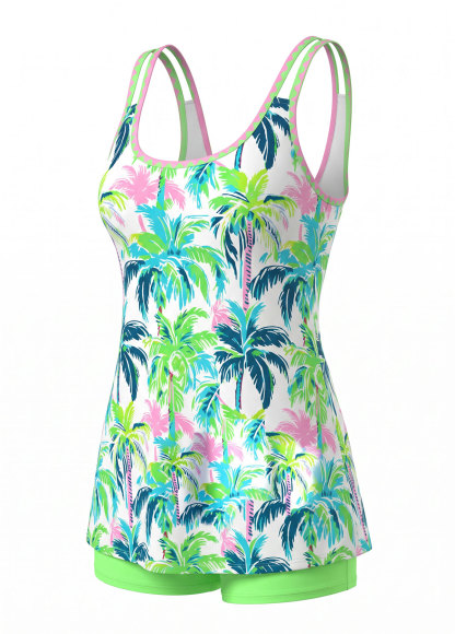 Palm Tree Plant Print Double Strap Scoop Neck Tankini Set 