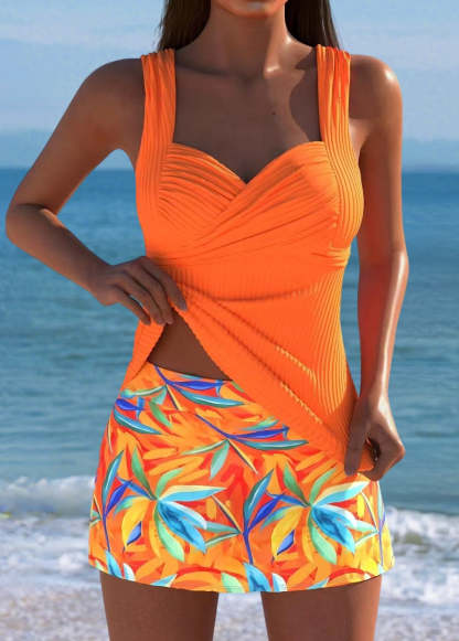 Mid Waisted Leaf Print Tankini Set
