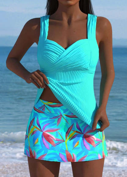Mid Waisted Leaf Print Tankini Set