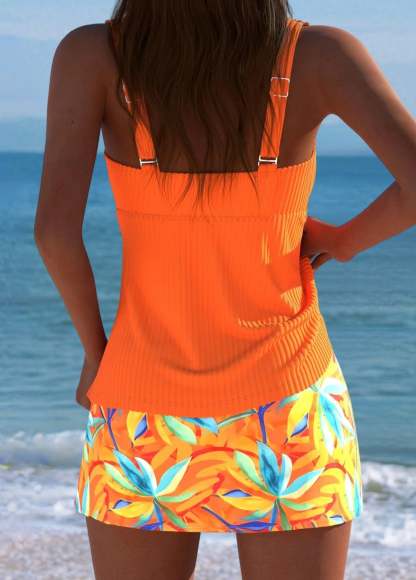 Mid Waisted Leaf Print Tankini Set