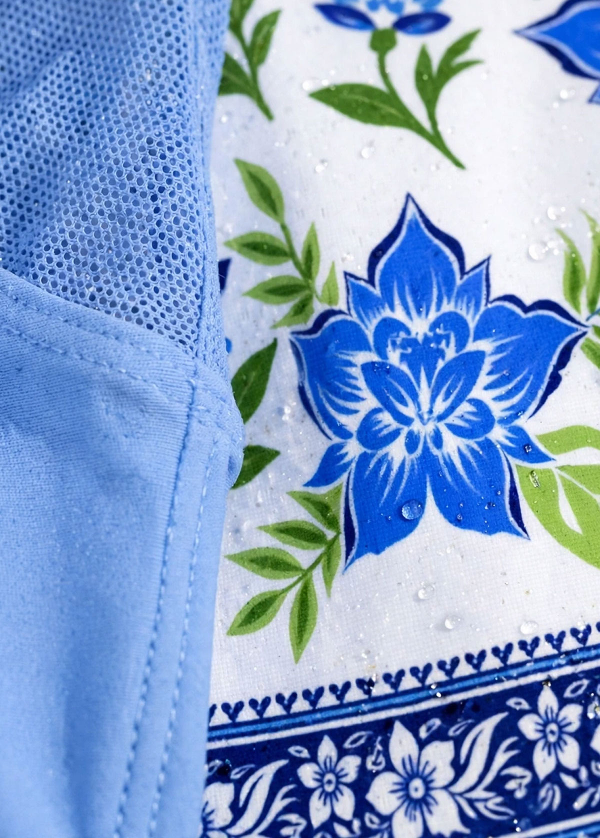 Light Blue Mesh Panel Floral Print Tankini Set