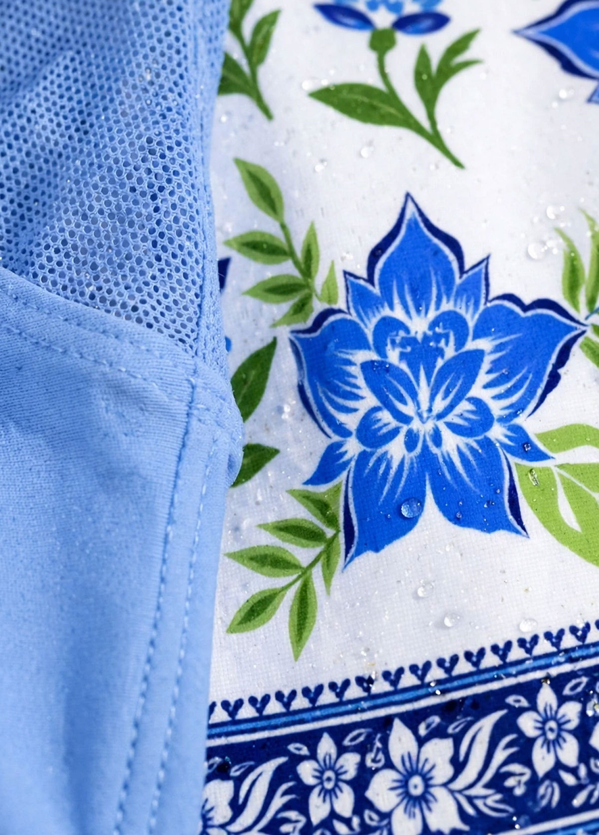 Light Blue Mesh Panel Floral Print Tankini Set