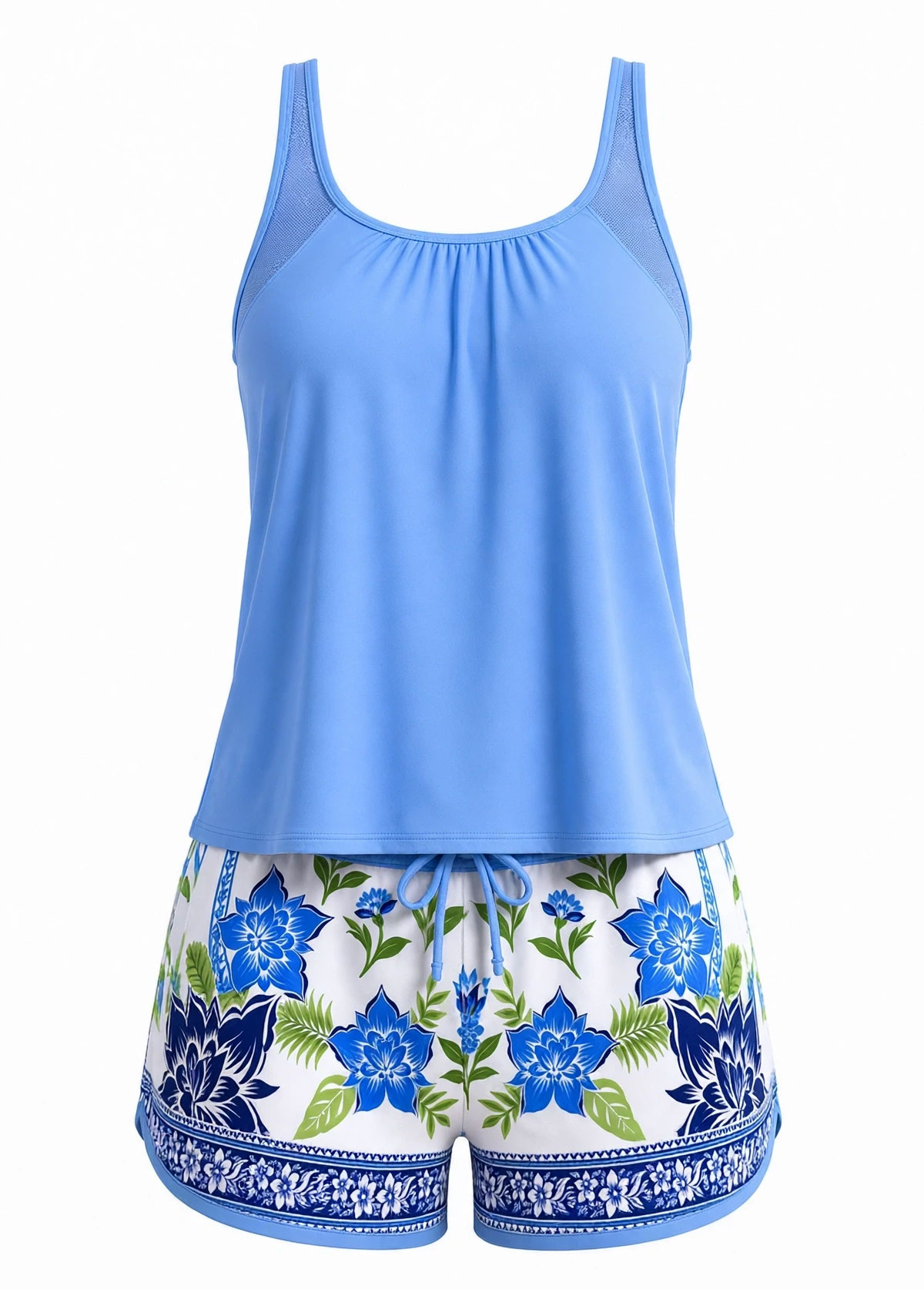 Light Blue Mesh Panel Floral Print Tankini Set
