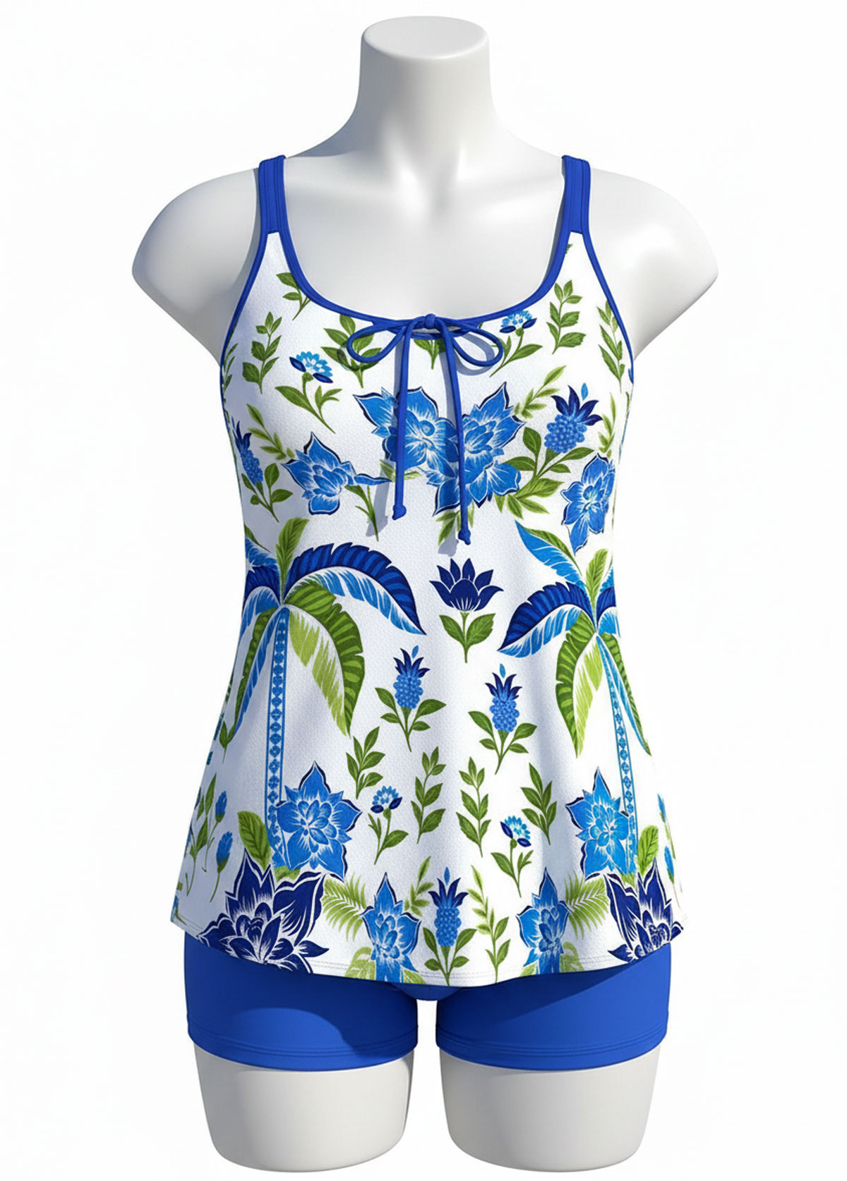 Blue Tropical Floral Tie Front Tankini Set