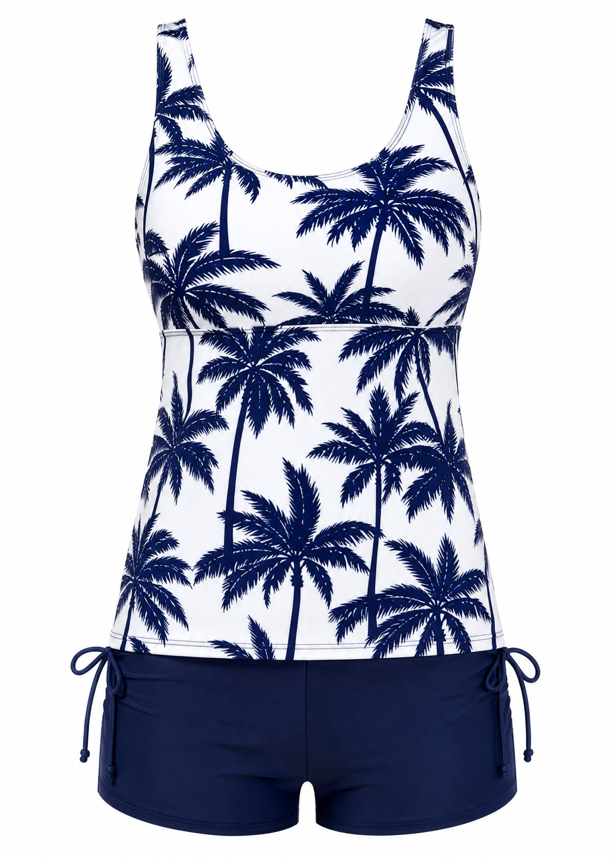 Navy Palm Print Side Drawstring Tankini Set