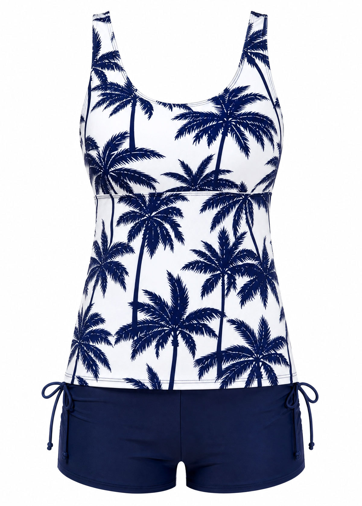 Navy Palm Print Side Drawstring Tankini Set
