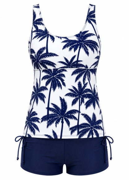 Navy Palm Print Side Drawstring Tankini Set