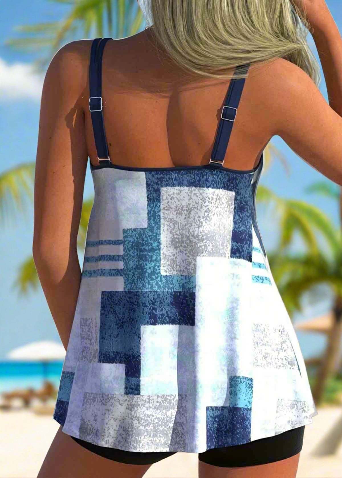 Geometric Print Double Straps Tankini Set