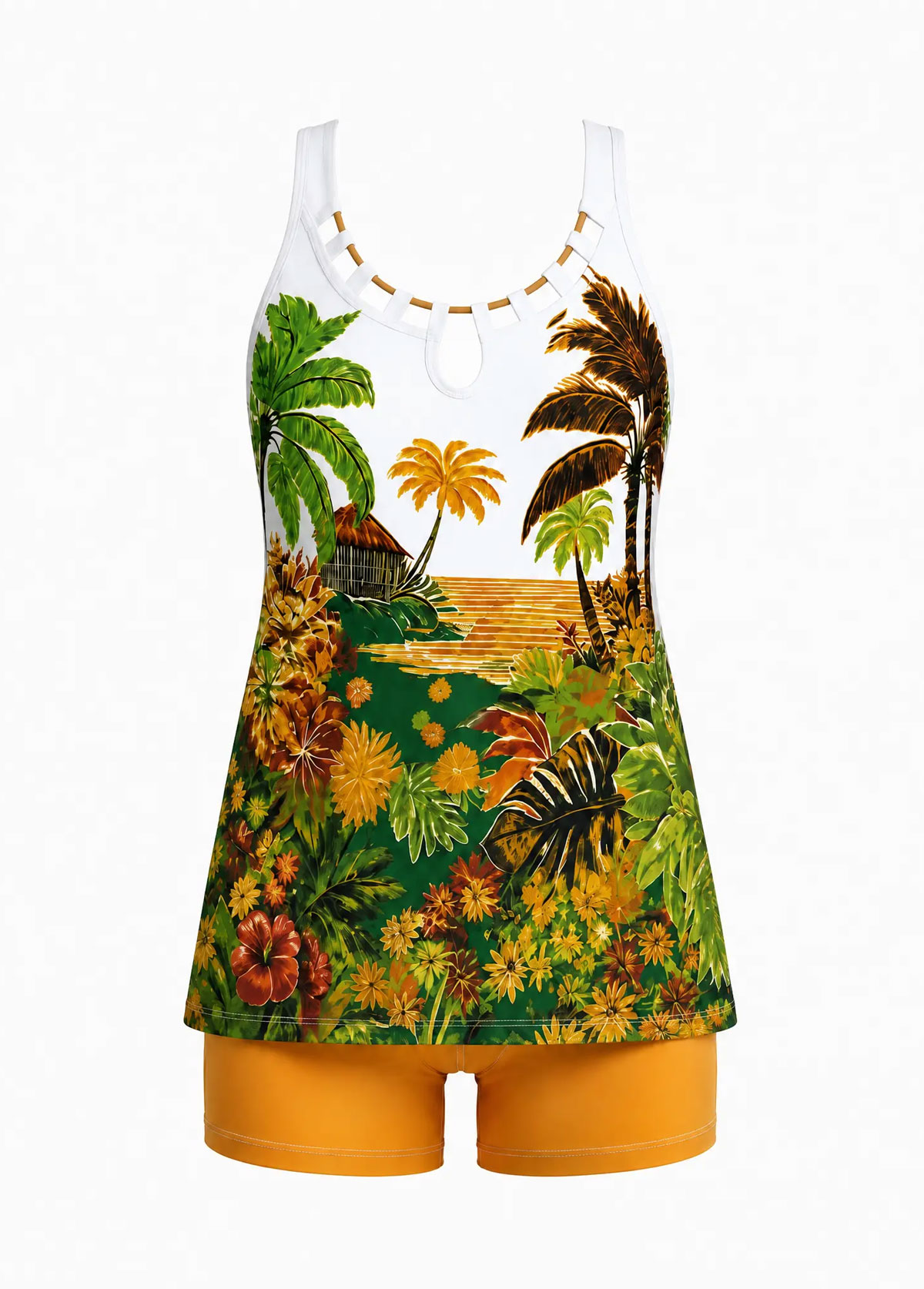 Cutout Neck Tropical Scenery Tummy Coverage Tankini Set