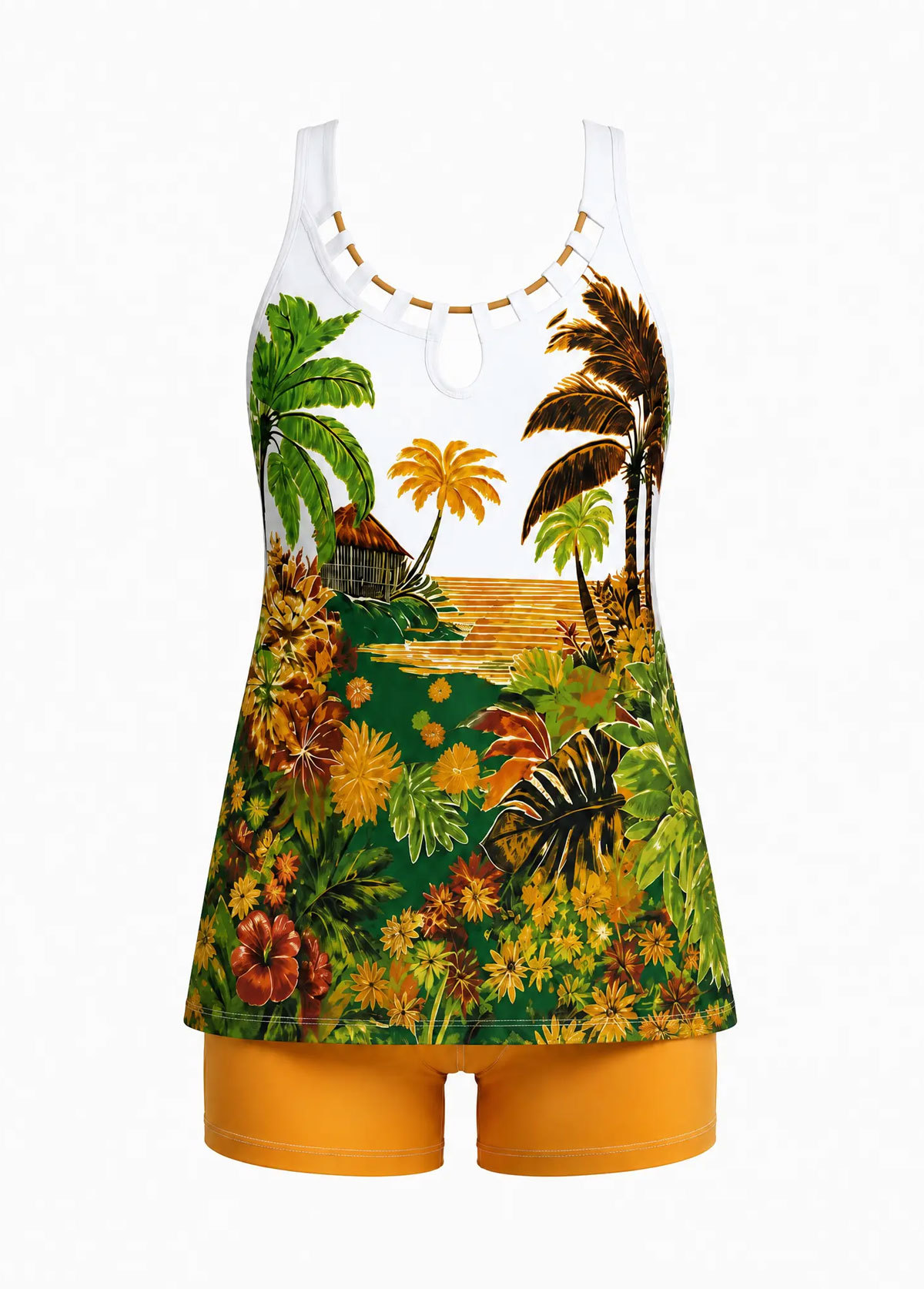 Cutout Neck Tropical Scenery Tummy Coverage Tankini Set