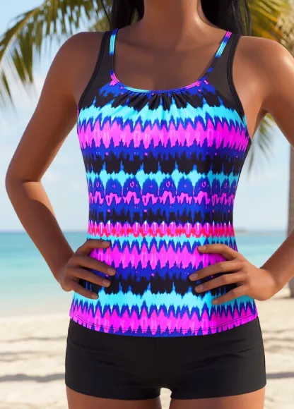 Tummy Coverage Mid Waisted   Printed  Tankini Set