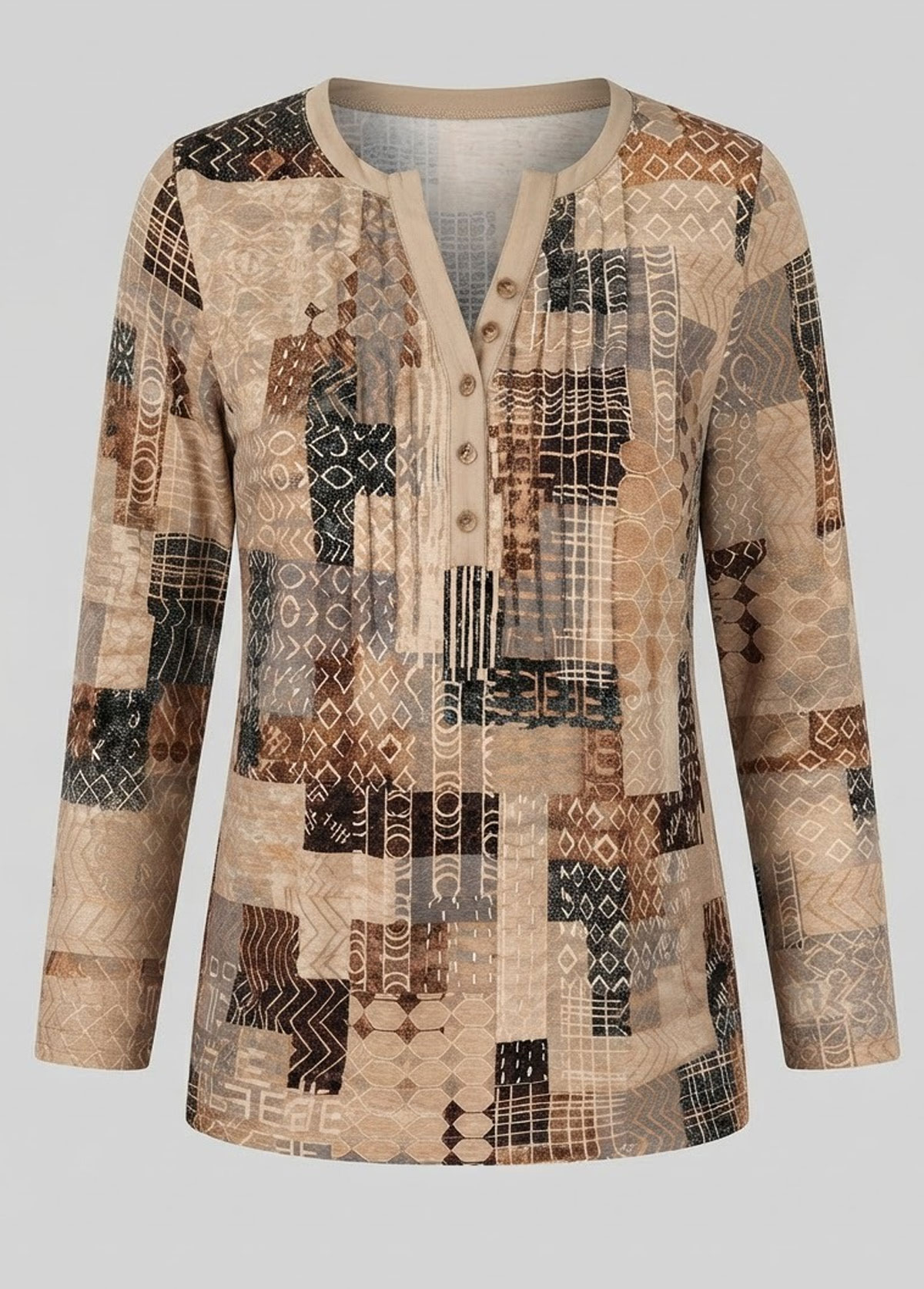Women Geometric Patchwork 3/4 Sleeve Henley Blouse