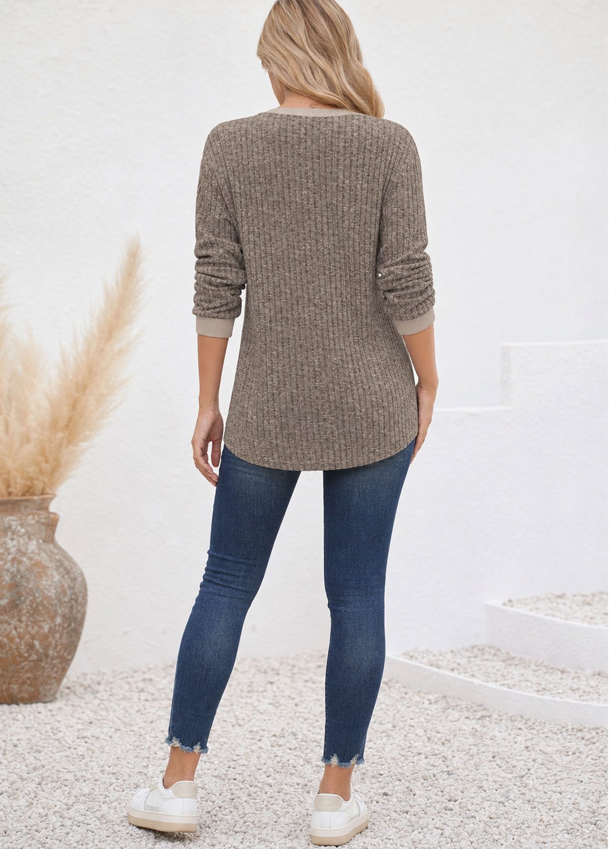 Women Henley Neck Ribbed Knit Long Sleeve Tunic Top