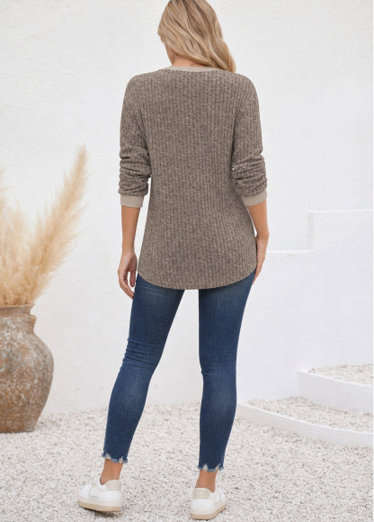 Women Henley Neck Ribbed Knit Long Sleeve Tunic Top