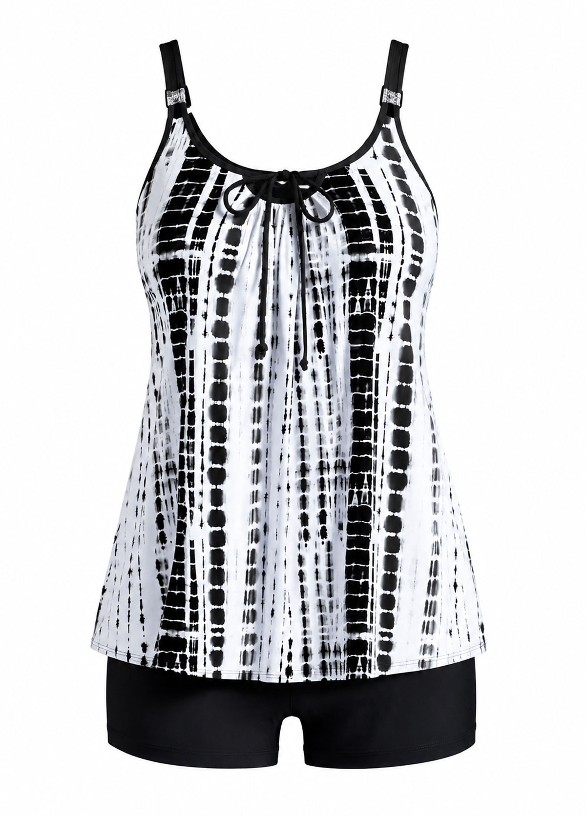 Black White Tie Dye Adjustable Strap Tankini Set