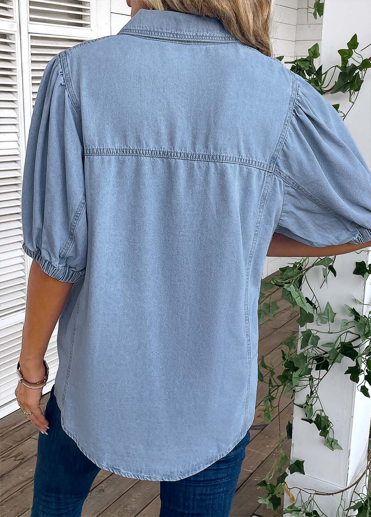 Puff Short Sleeve Chambray Button Down Shirt